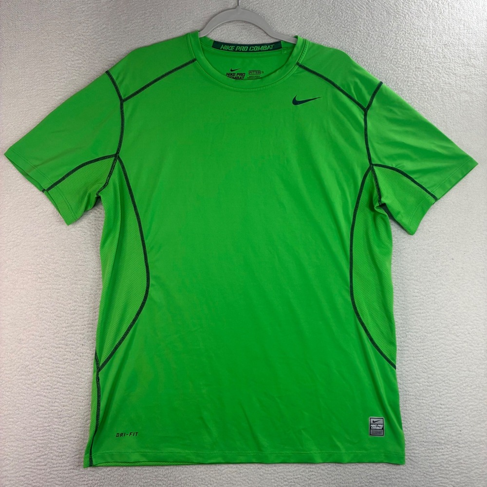 Nike Pro Combat Shirt Men XL Green Fitted Dri Fit Stretch Athletic Gym Training
